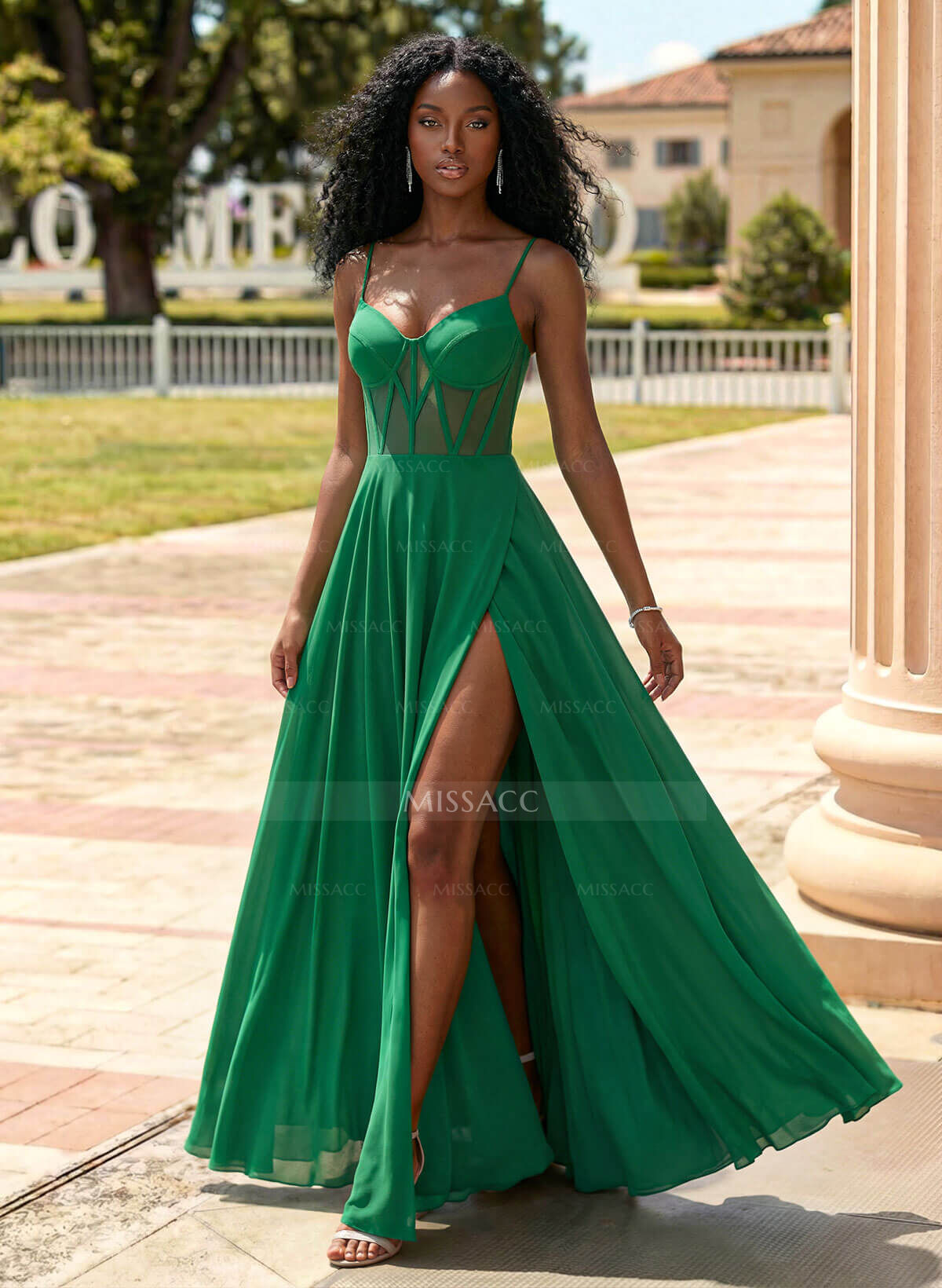 Flattering V-Neck Spaghetti Straps Lace Up Back Chiffon Prom Dresses With High Split
