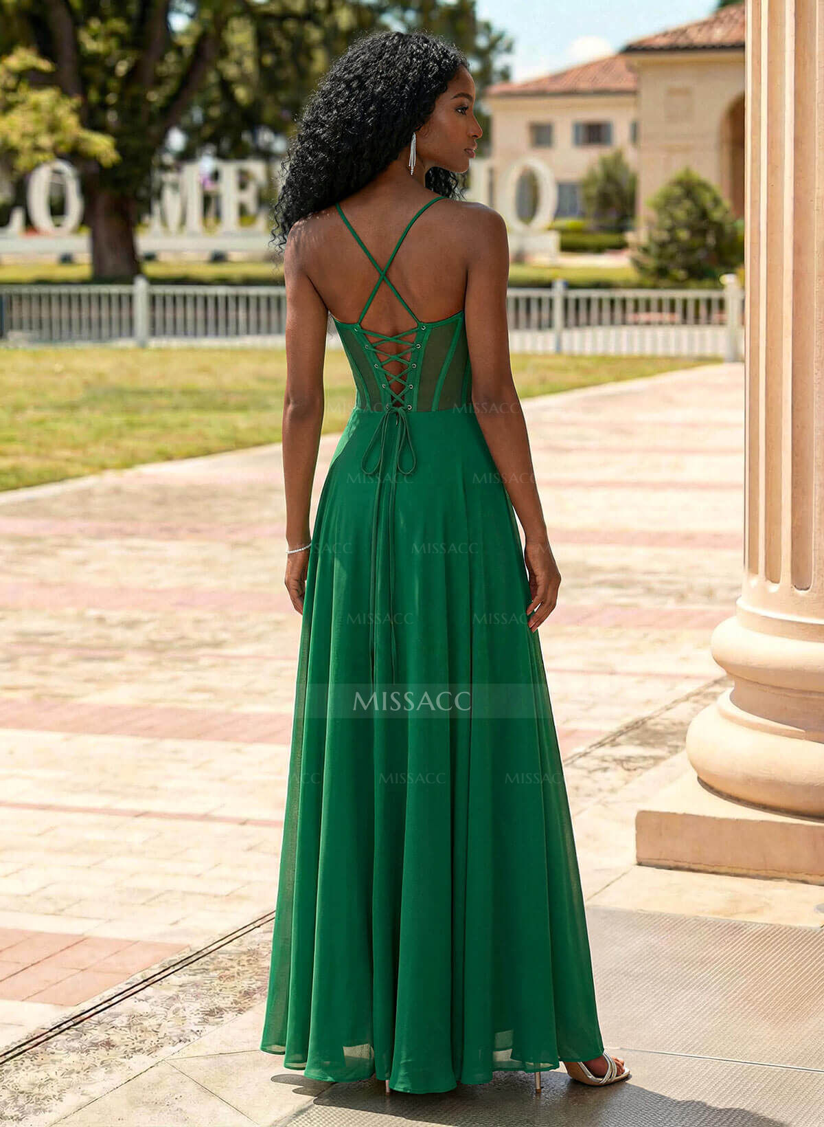 Flattering V-Neck Spaghetti Straps Lace Up Back Chiffon Prom Dresses With High Split