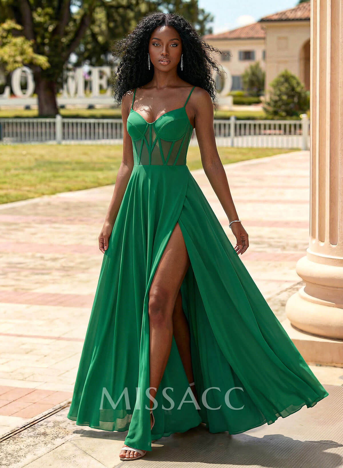 Flattering V-Neck Spaghetti Straps Lace Up Back Chiffon Prom Dresses With High Split