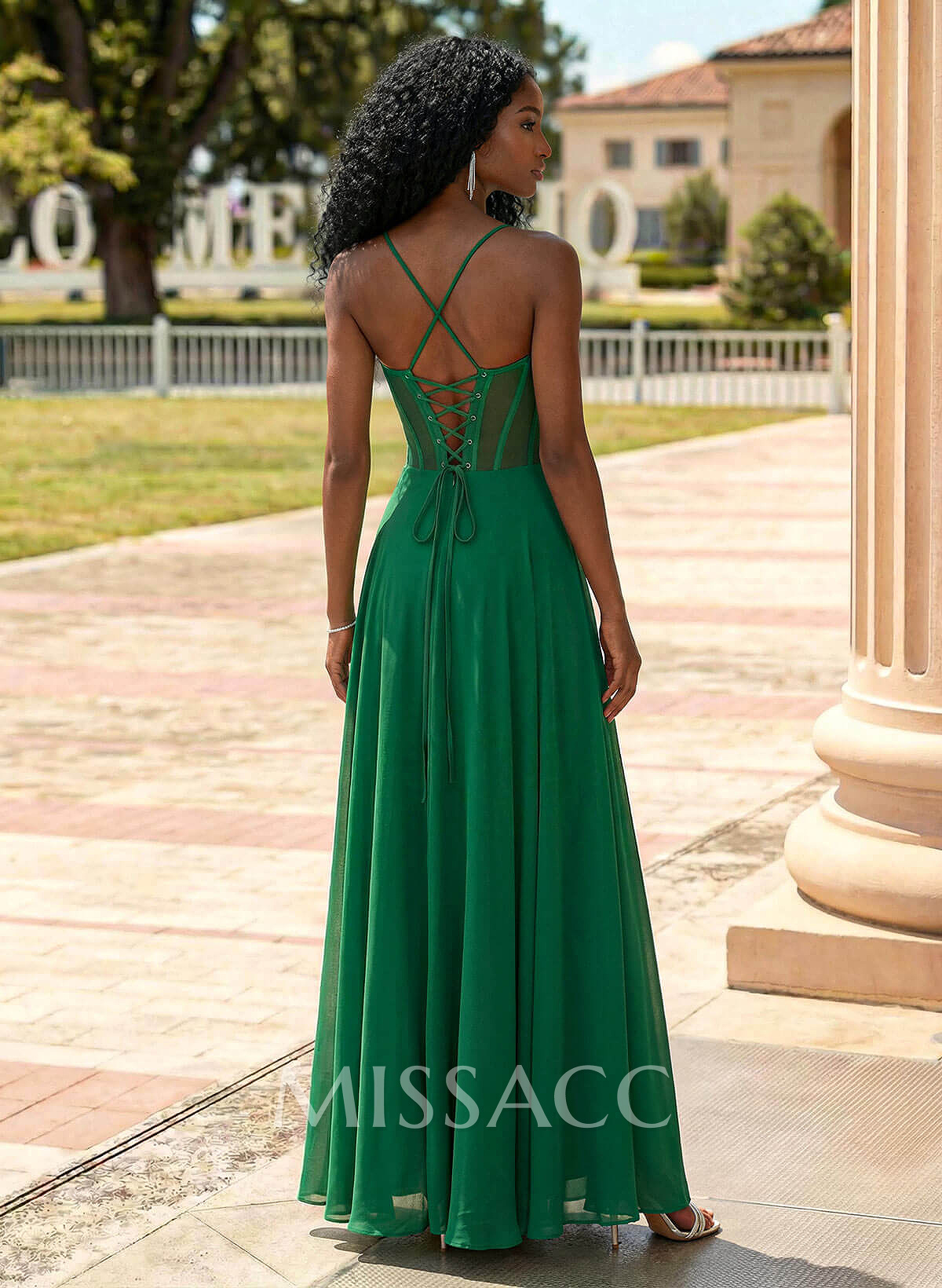 Flattering V-Neck Spaghetti Straps Lace Up Back Chiffon Prom Dresses With High Split
