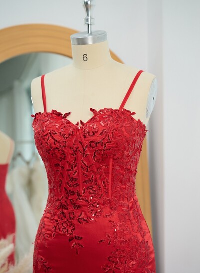 Elegant Sweetheart Lace Corset High Split Sweep Train Silk Like Satin Prom Dresses