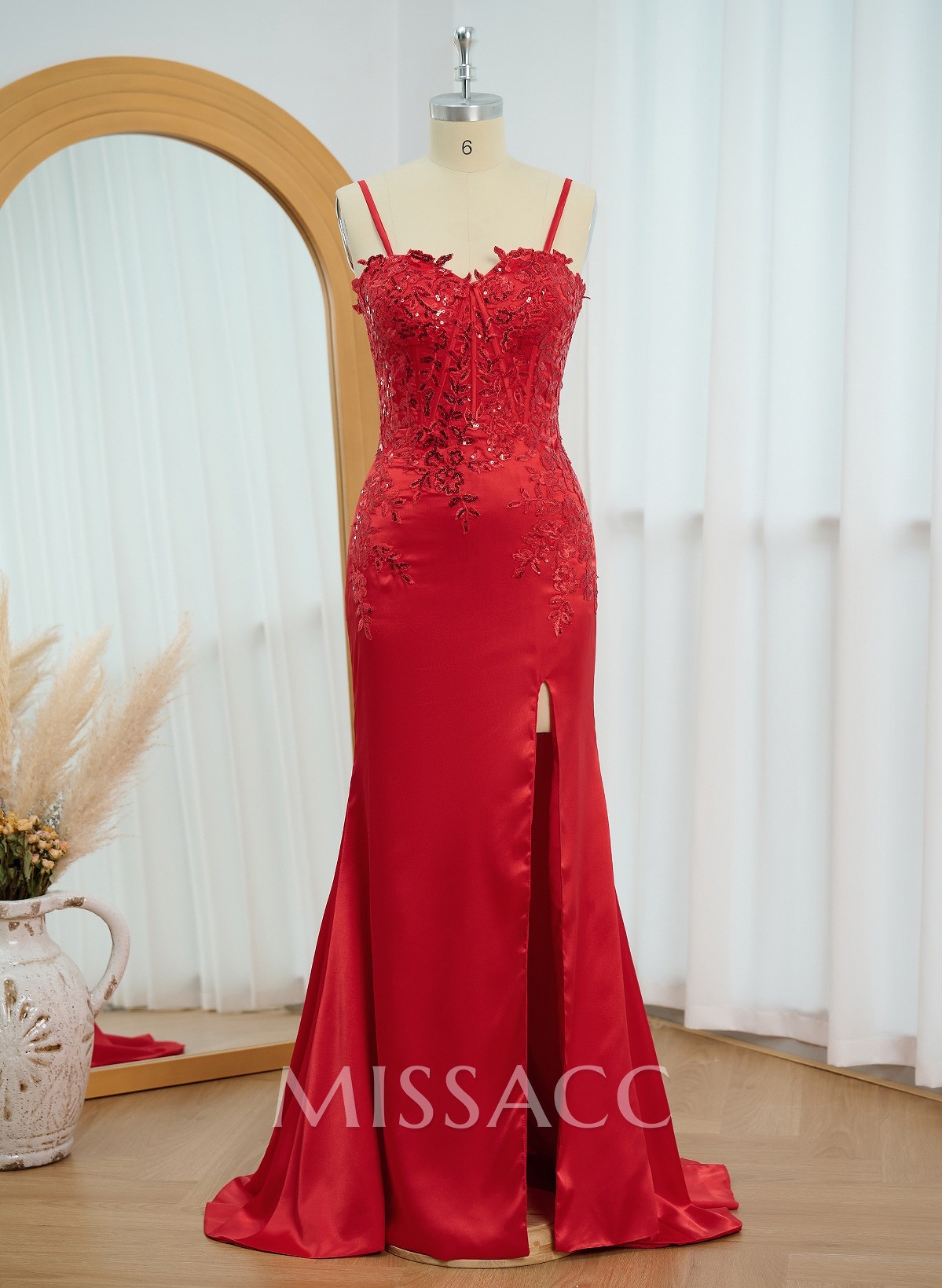 Elegant Sweetheart Lace Corset High Split Sweep Train Silk Like Satin Prom Dresses