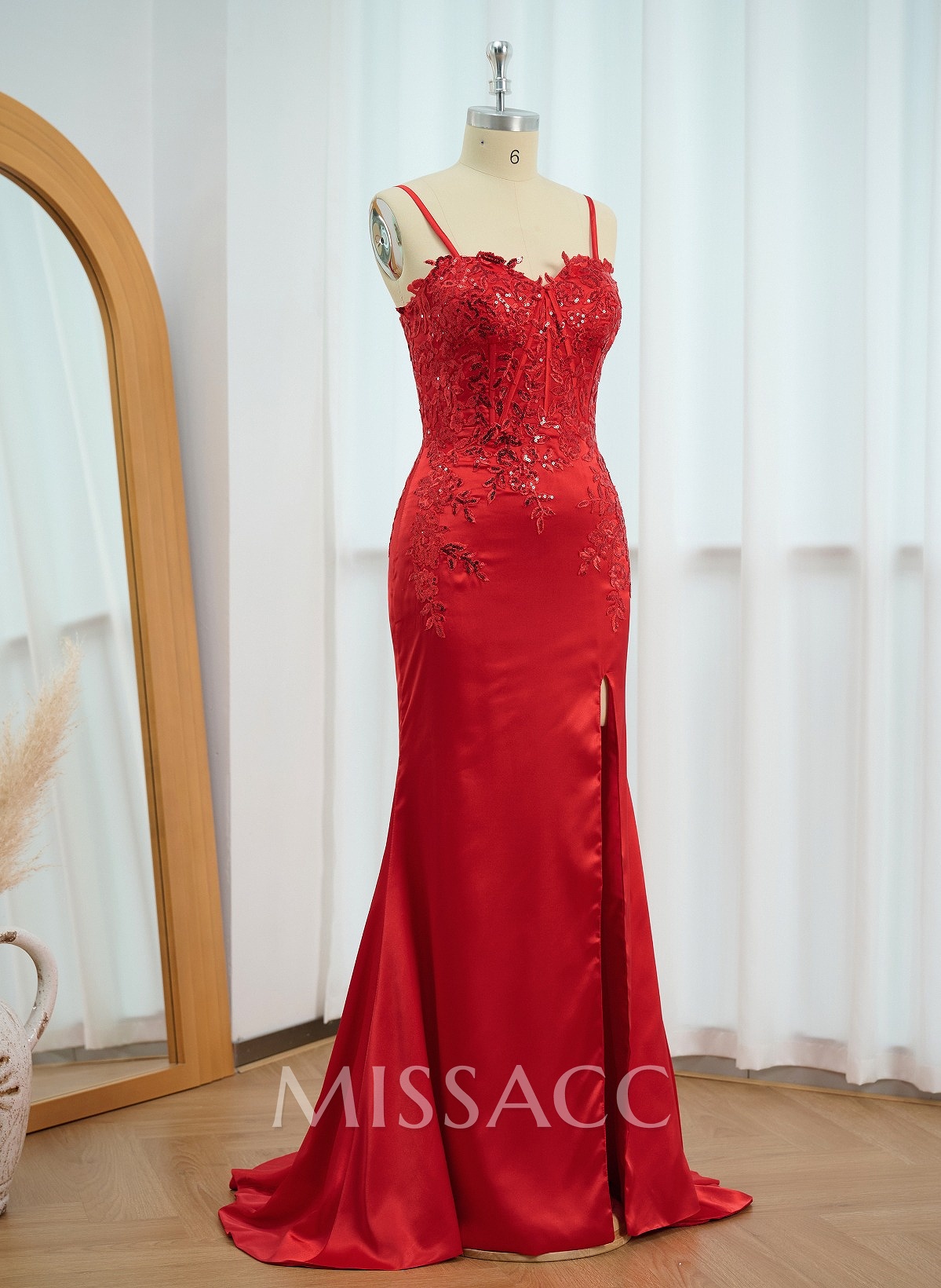 Elegant Sweetheart Lace Corset High Split Sweep Train Silk Like Satin Prom Dresses