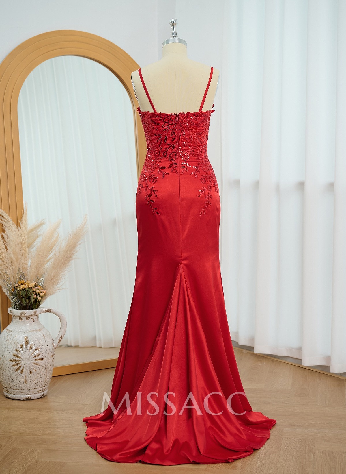 Elegant Sweetheart Lace Corset High Split Sweep Train Silk Like Satin Prom Dresses