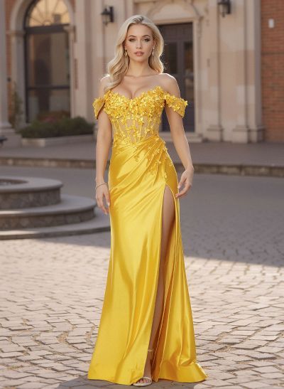 Exquisite Off-The-Shoulder 3D Floral Charmeuse Prom Dresses With High Split