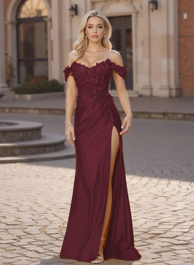Exquisite Off-The-Shoulder 3D Floral Charmeuse Prom Dresses With High Split