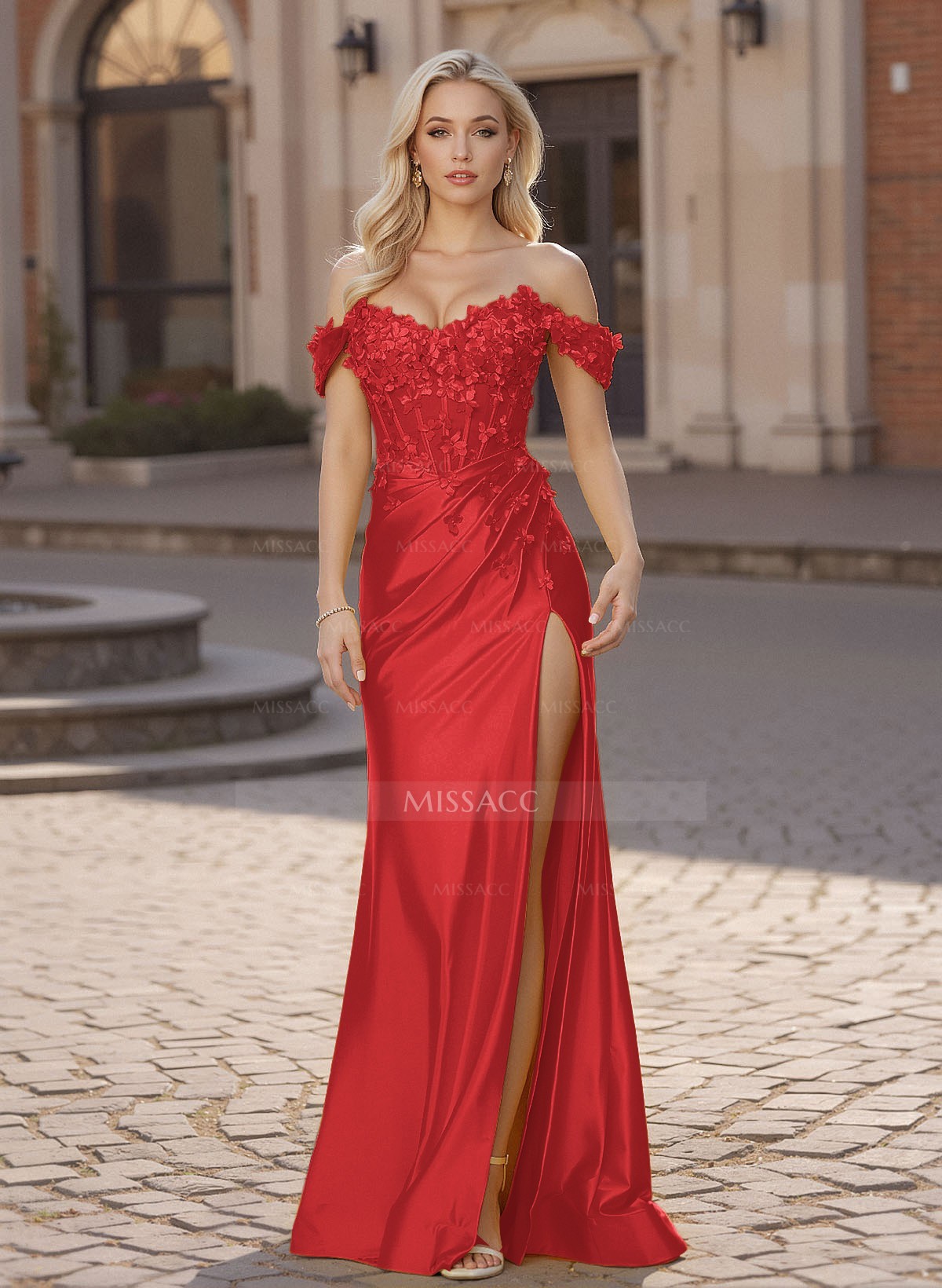 Exquisite Off-The-Shoulder 3D Floral Stretch Satin Knit Prom