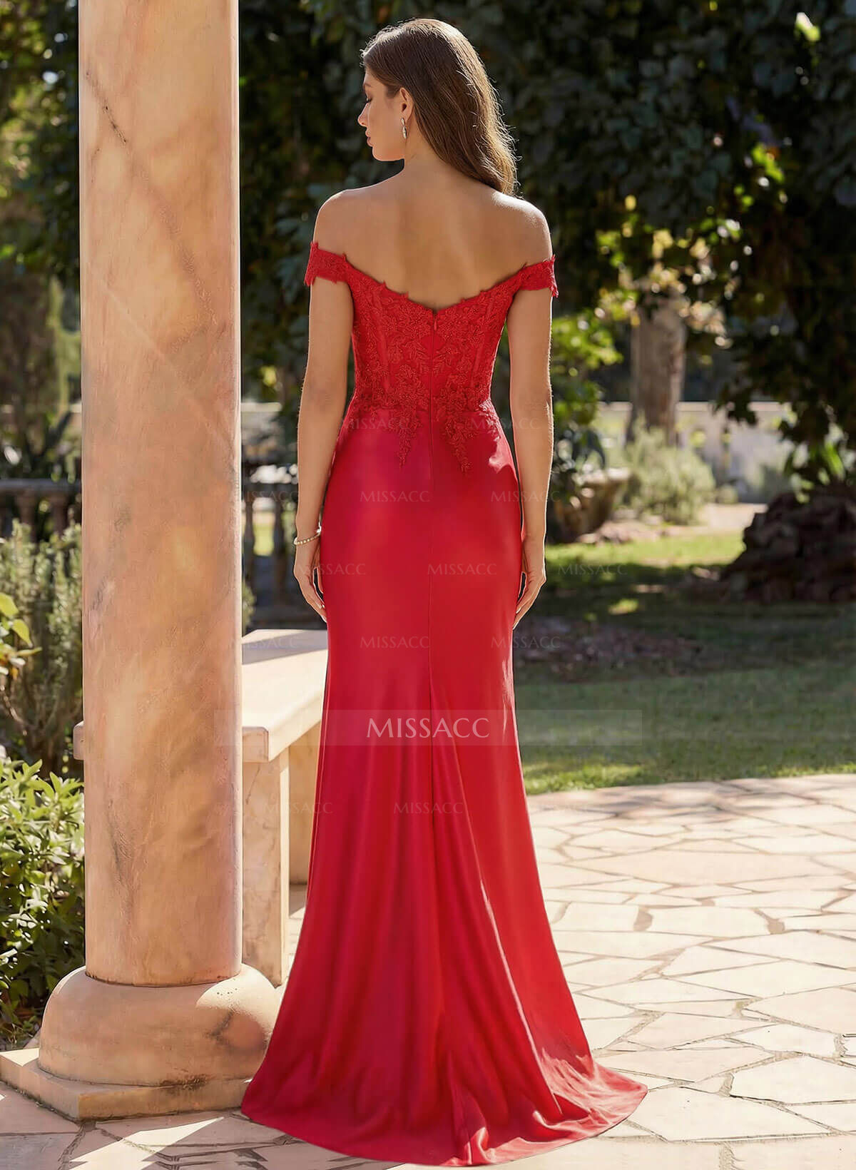 Exquisite Off-The-Shoulder Floral Lace Silk Like Satin Prom Dresses With High Split