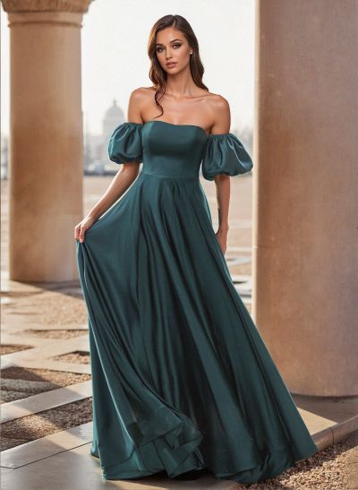 Unique Puffy Off-Shoulder A-Line Floor-Length Silk Like Satin Prom Dresses