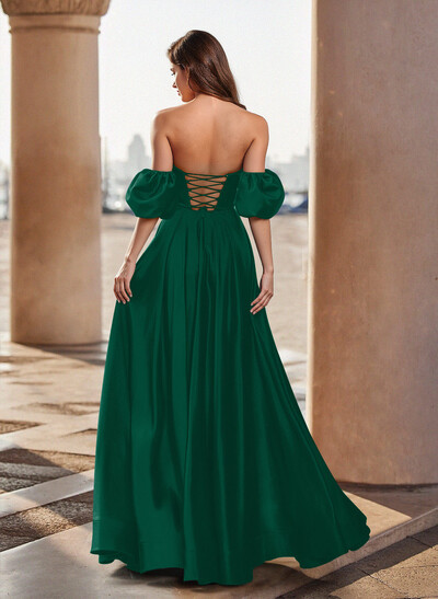Unique Puffy Off-Shoulder A-Line Floor-Length Stretch Satin Prom Dresses