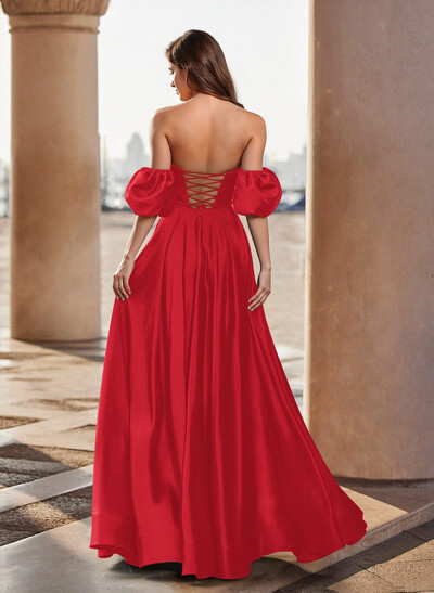 Unique Puffy Off-Shoulder A-Line Floor-Length Stretch Satin Prom Dresses