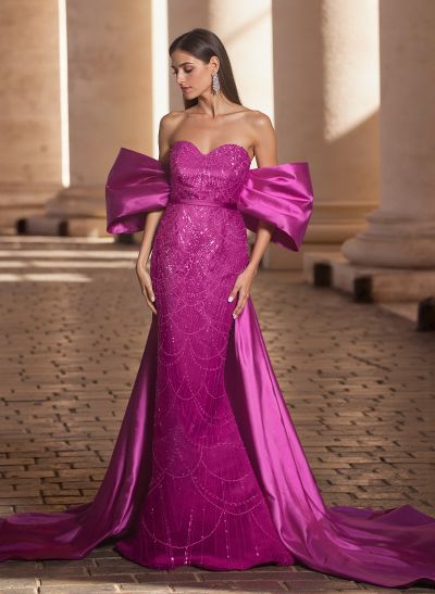 Luxury Sweetheart Off-The-Shoulder Sweep Train Satin/Lace Prom Dresses