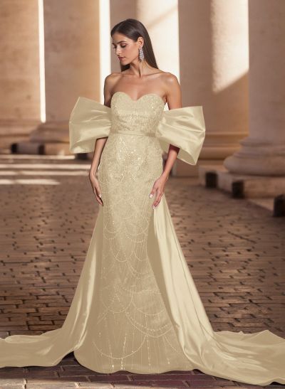 Luxury Sweetheart Off-The-Shoulder Sweep Train Satin/Lace Prom Dresses