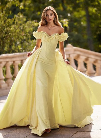 Unique Ruffle Flower(s) Off-The-Shoulder Overskirt Sweep Train Taffeta Prom Dresses