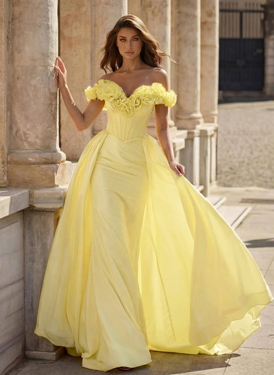 Unique Ruffle Flower(s) Off-The-Shoulder Overskirt Sweep Train Taffeta Prom Dresses