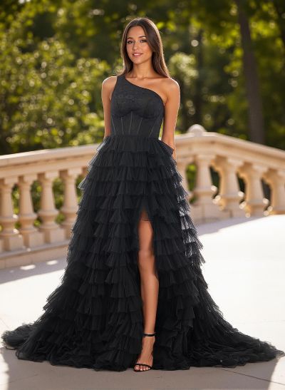 Ball-Gown One-Shoulder Tulle Tiered Skirt Prom Dresses With High Split