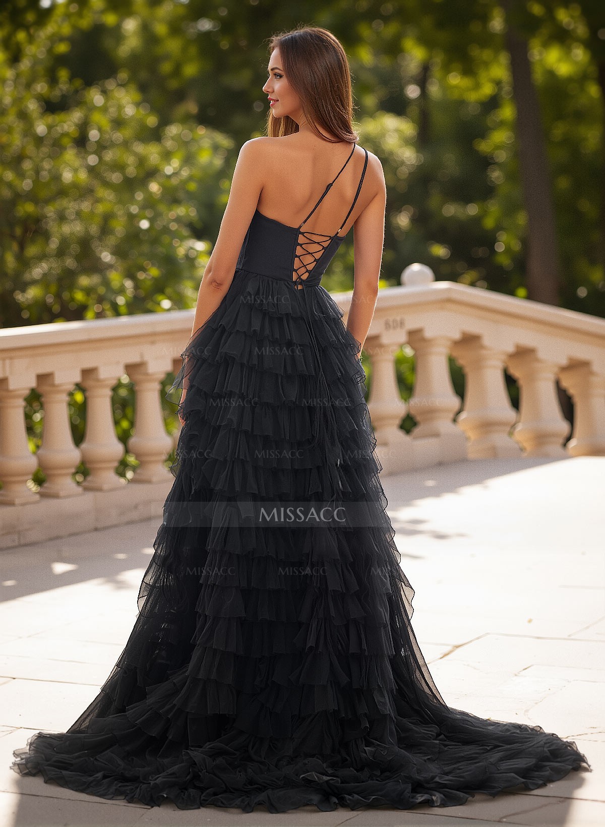 Ball-Gown One-Shoulder Tulle Tiered Skirt Prom Dresses With High Split