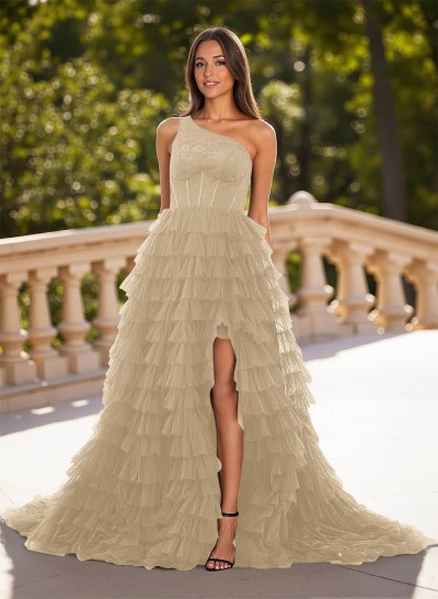 Ball-Gown One-Shoulder Tulle Tiered Skirt Prom Dresses With High Split