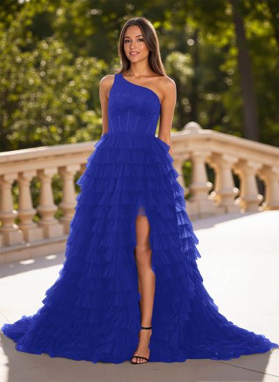 Ball-Gown One-Shoulder Tulle Tiered Skirt Prom Dresses With High Split