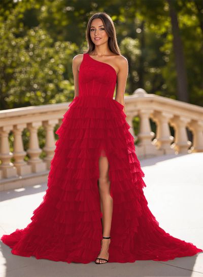 Ball-Gown One-Shoulder Tulle Tiered Skirt Prom Dresses With High Split