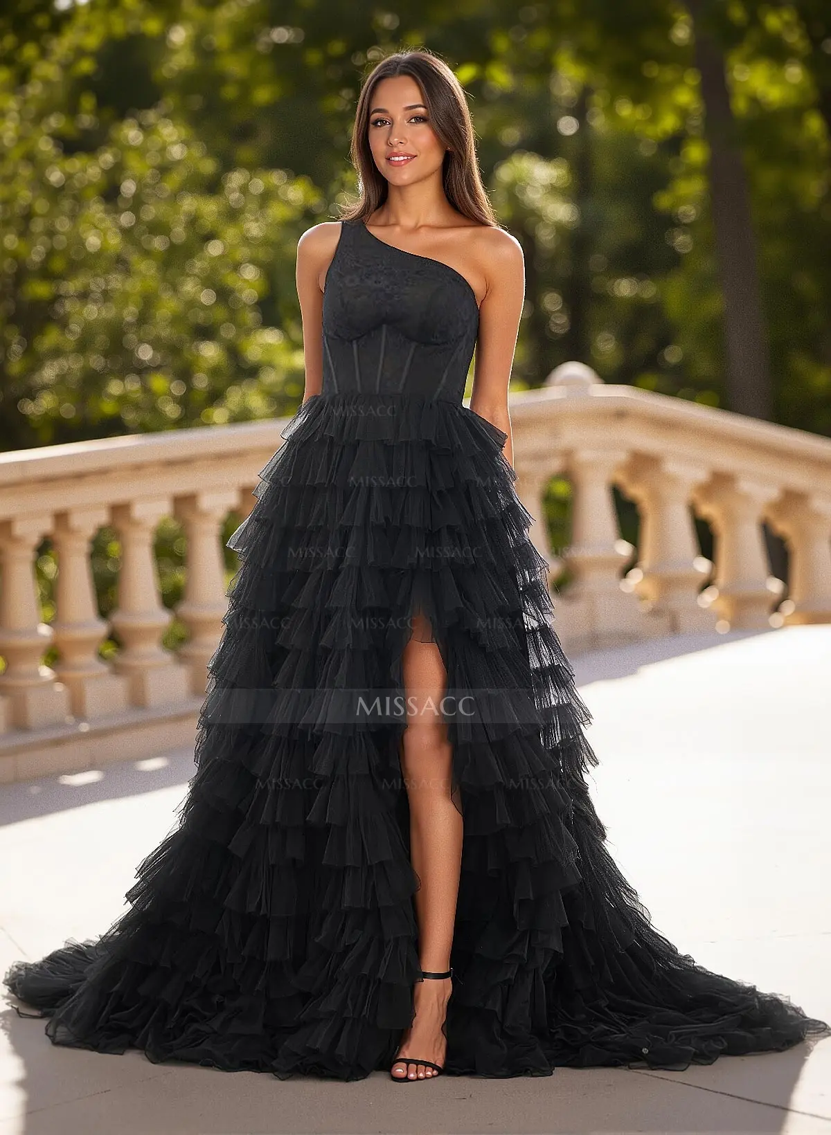 Ball-Gown One-Shoulder Tulle Tiered Skirt Prom Dresses With High Split $189