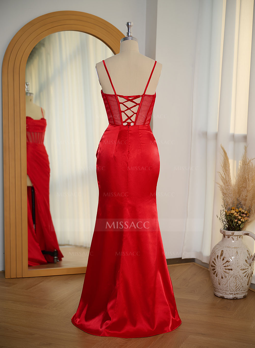 Sexy Sweetheart Sleeveless Silk Like Satin Lace Up Back Prom Dresses With High Split