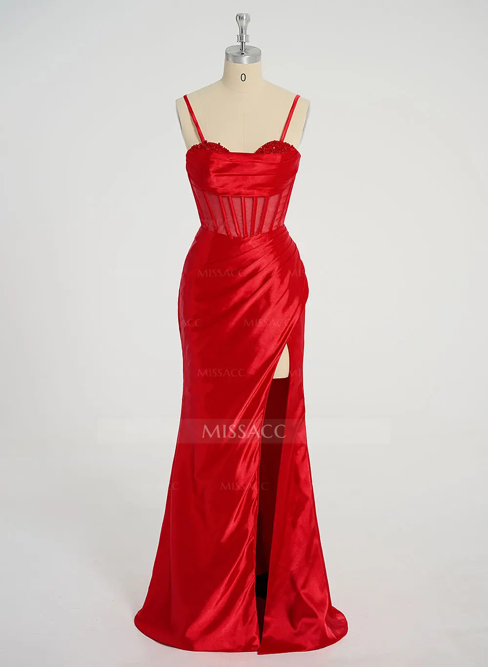 Missacc Red Prom Dresses Sexy Sweetheart Sleeveless Silk Like Satin Lace Up Back Prom Dresses with High Split