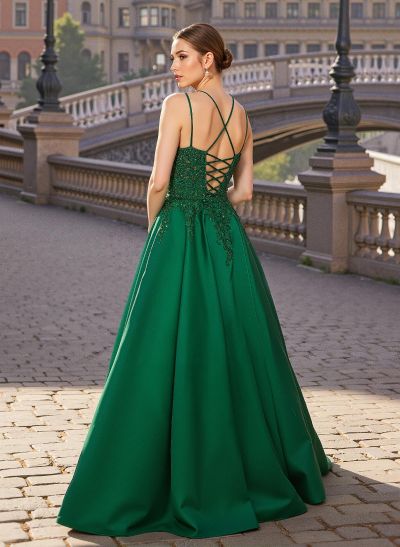 Exquisite A-Line V-Neck Satin/Lace Prom Dresses With Appliques Lace