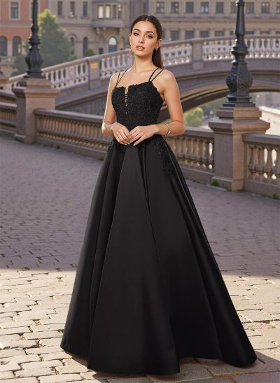 Exquisite A-Line V-Neck Satin/Lace Prom Dresses With Appliques Lace