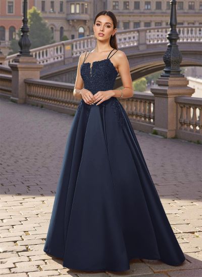 Exquisite A-Line V-Neck Satin/Lace Prom Dresses With Appliques Lace