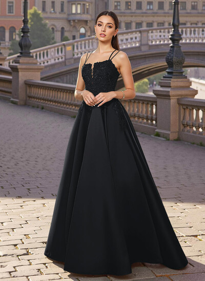 Exquisite A-Line V-Neck Satin/Lace Prom Dresses With Appliques Lace