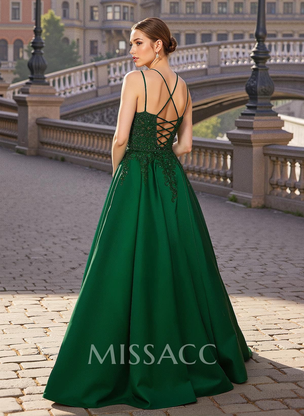 Exquisite A-Line V-Neck Satin/Lace Prom Dresses With Appliques Lace Exquisite A-Line V-Neck Satin/Lace Prom Dresses With Appliques Lace
