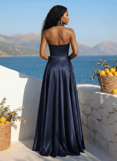 Elegant Halter A-Line High Split Floor-Length Charmeuse Prom Dresses
