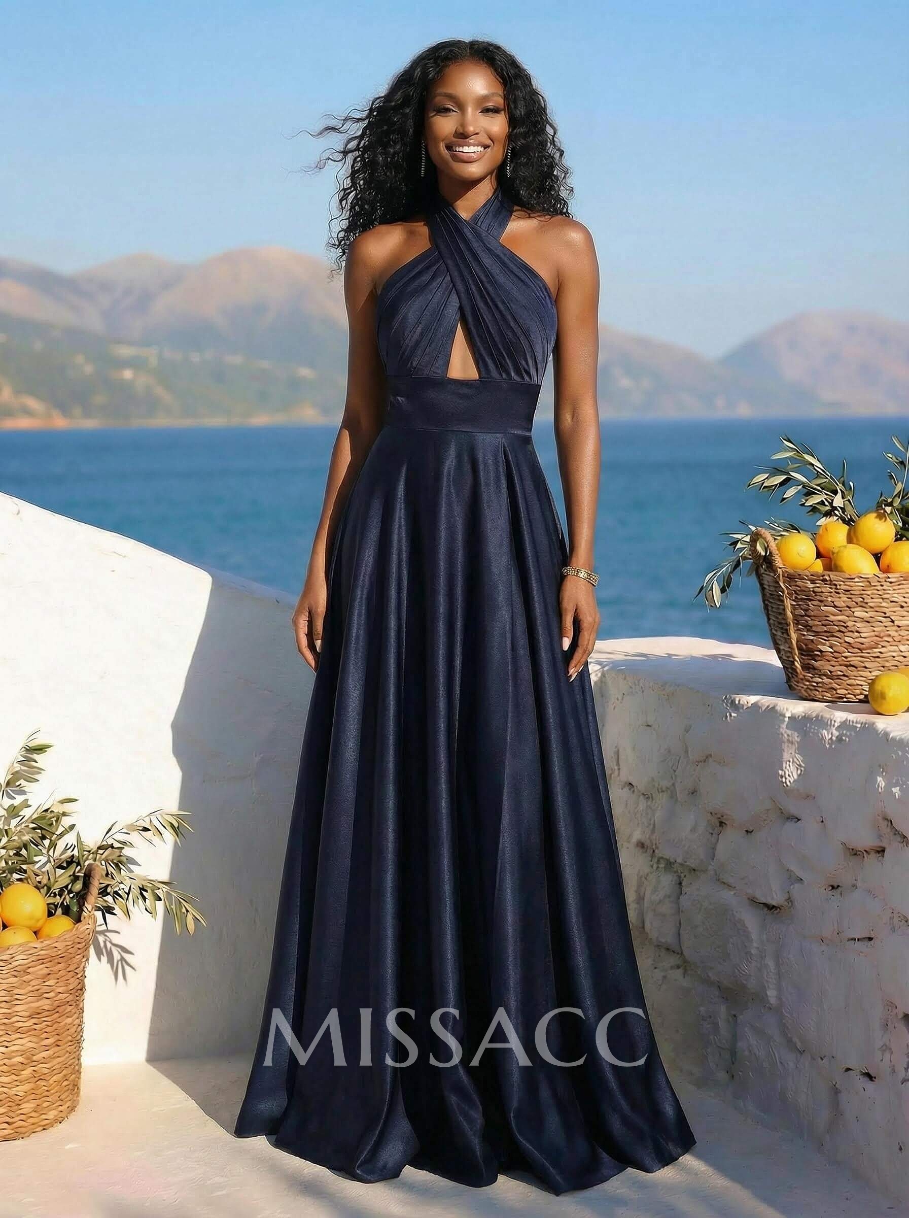 Elegant Halter A-Line High Split Floor-Length Charmeuse Prom Dresses