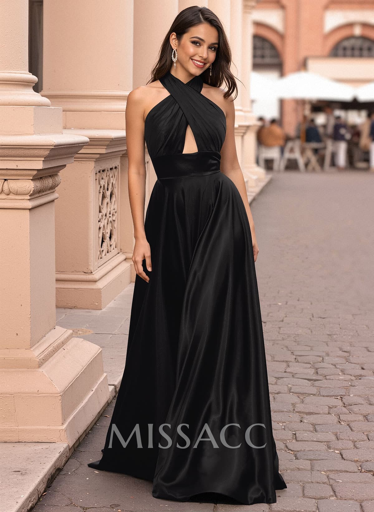 Elegant Halter A-Line High Split Floor-Length Charmeuse Prom Dresses