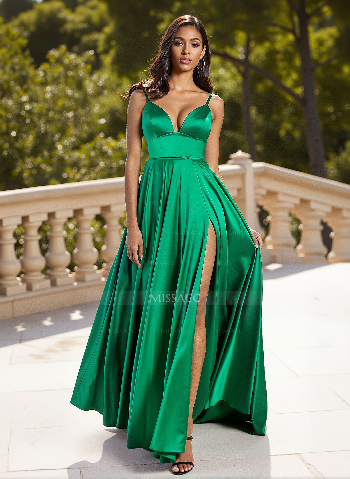 Classic V-Neck Spaghetti Straps High Split A-Line Sweep Train Silk Like Satin Prom Dresses