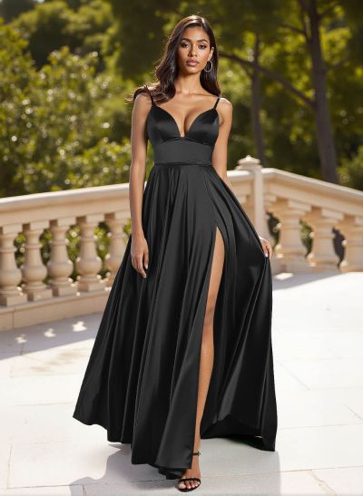 Classic V-Neck Spaghetti Straps High Split A-Line Sweep Train Silk Like Satin Prom Dresses