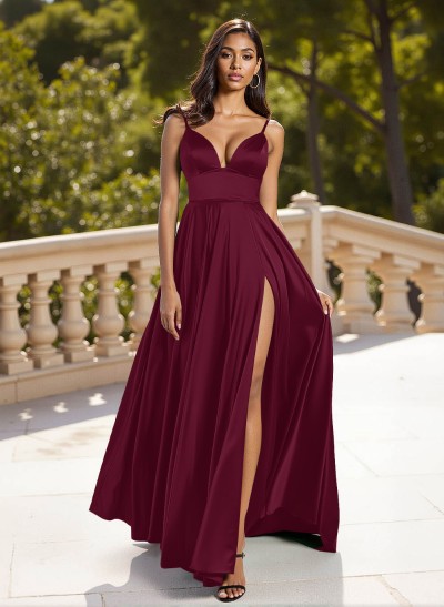 Classic V-Neck Spaghetti Straps High Split A-Line Sweep Train Silk Like Satin Prom Dresses