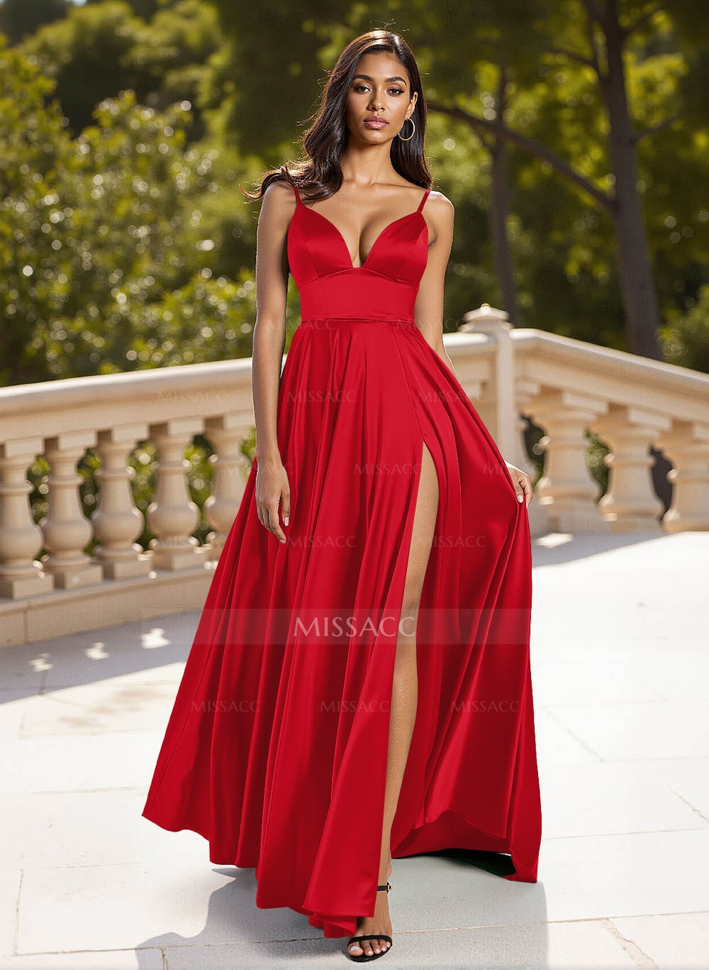 Classic V-Neck Spaghetti Straps High Split A-Line Sweep Train Silk Like Satin Prom Dresses