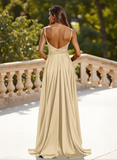 Classic V-Neck Spaghetti Straps High Split A-Line Sweep Train Silk Like Satin Prom Dresses