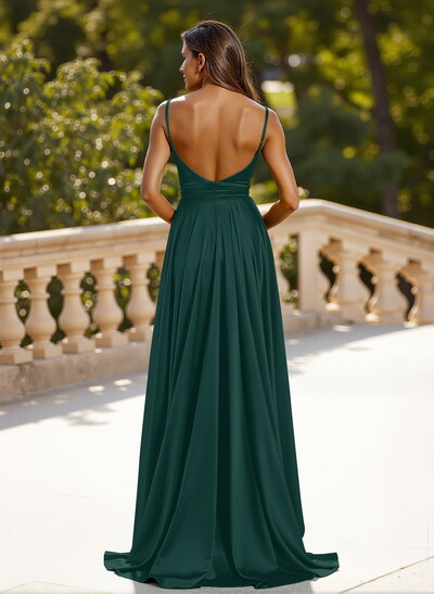 Classic V-Neck Spaghetti Straps High Split A-Line Sweep Train Silk Like Satin Prom Dresses