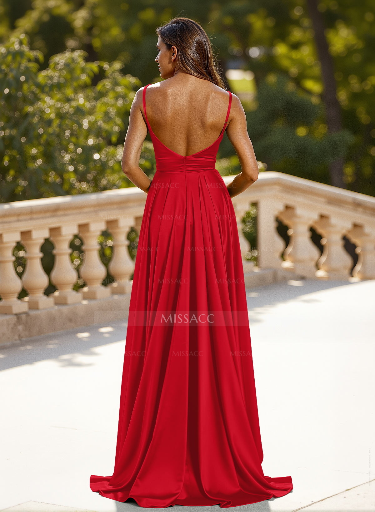 Classic V-Neck Spaghetti Straps High Split A-Line Sweep Train Silk Like Satin Prom Dresses