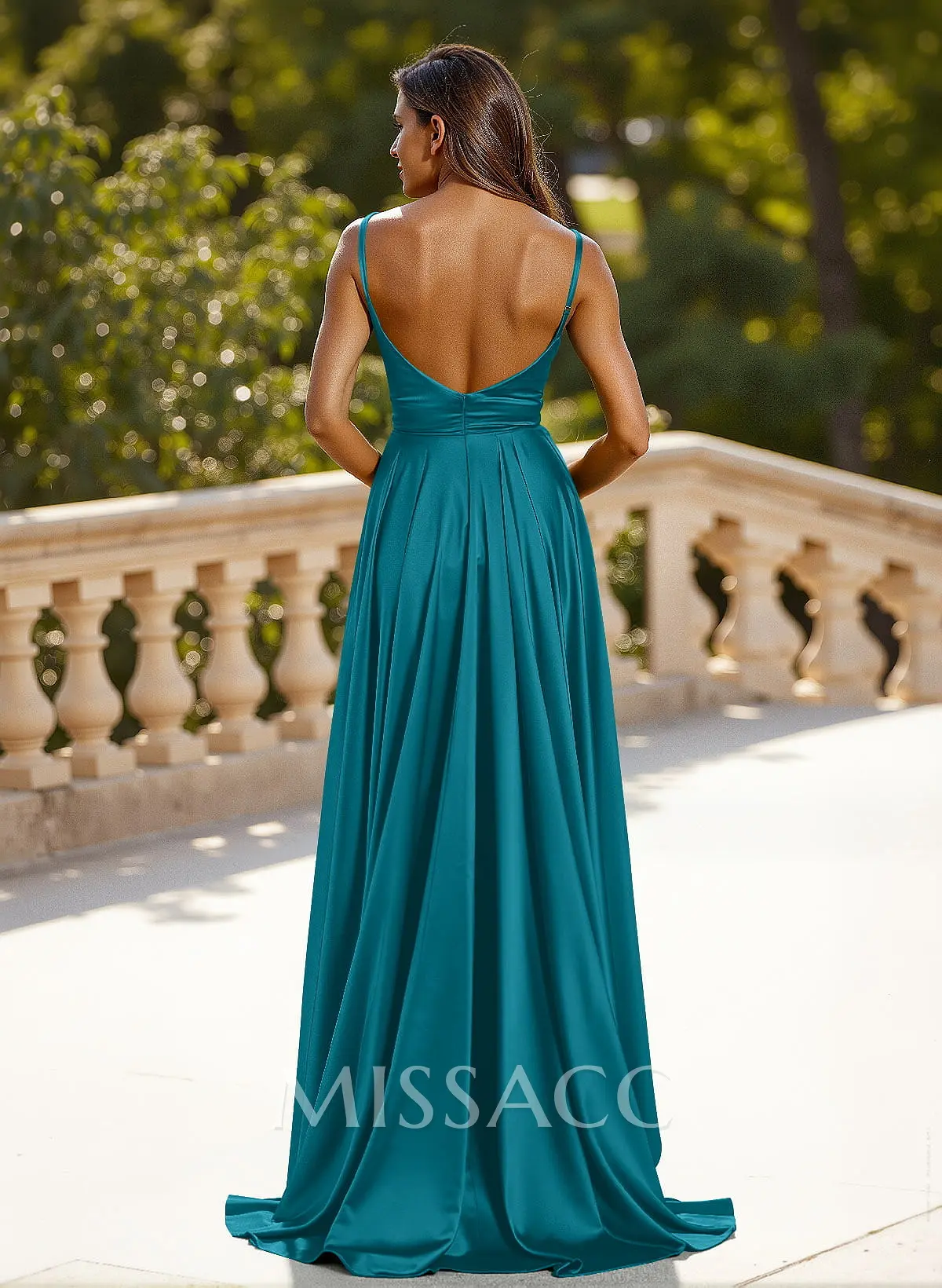 Classic V-Neck Spaghetti Straps High Split A-Line Sweep Train Silk