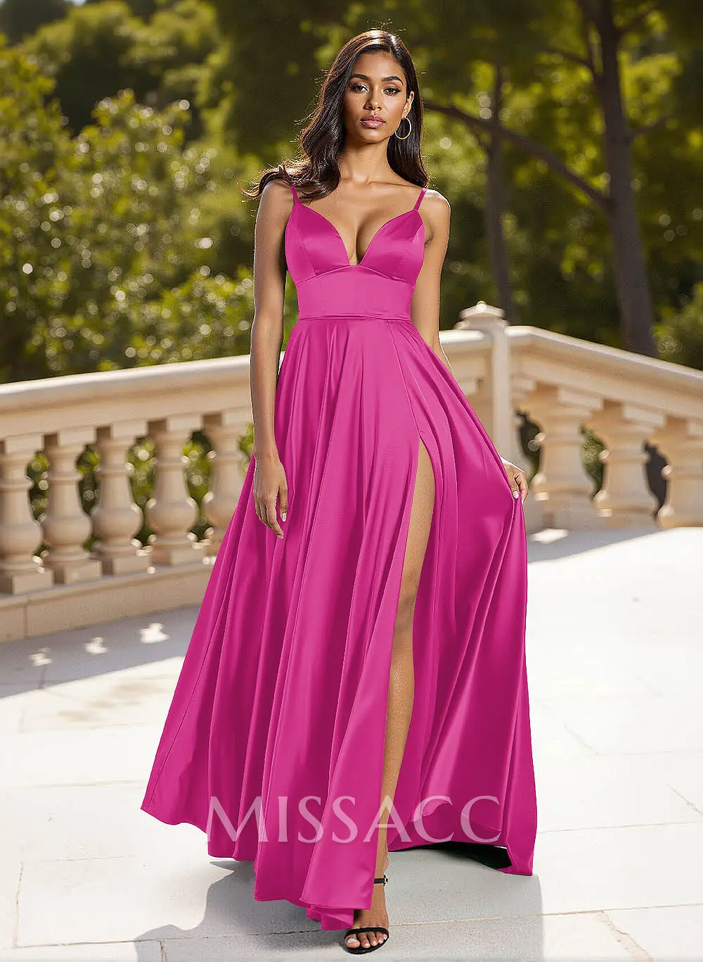 Classic V-Neck Spaghetti Straps High Split A-Line Sweep Train Silk