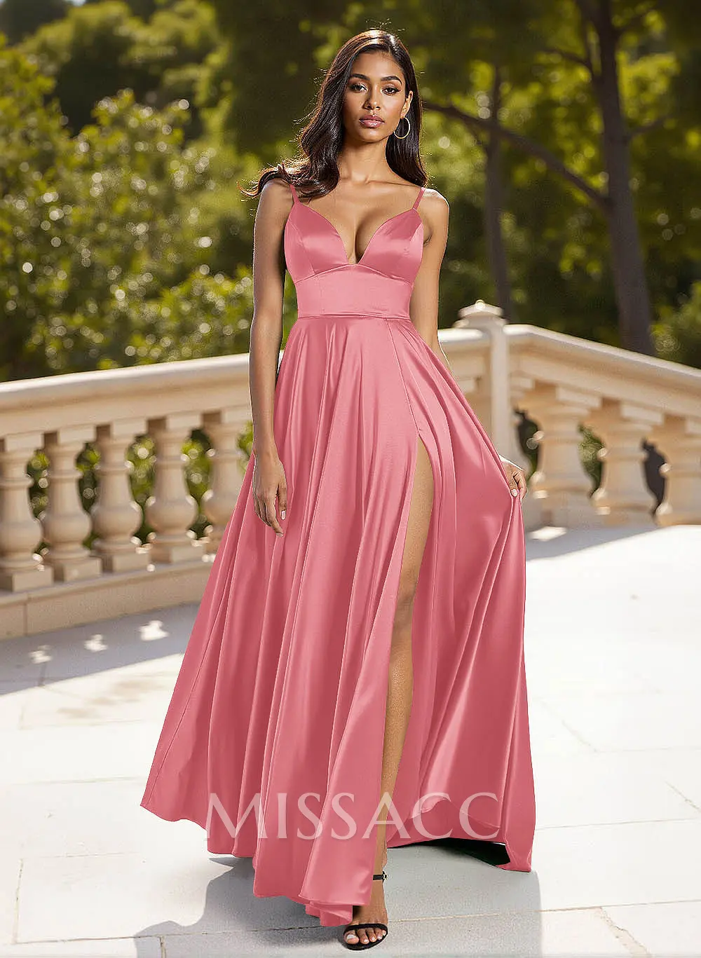 Classic V-Neck Spaghetti Straps High Split A-Line Sweep Train Silk