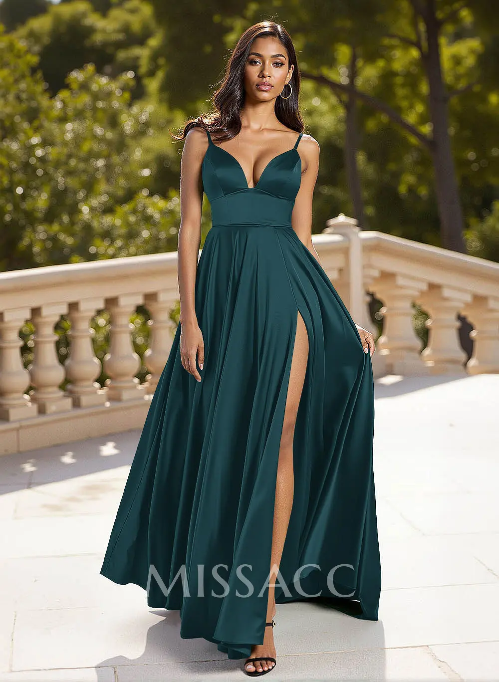 Classic V-Neck Spaghetti Straps High Split A-Line Sweep Train Silk