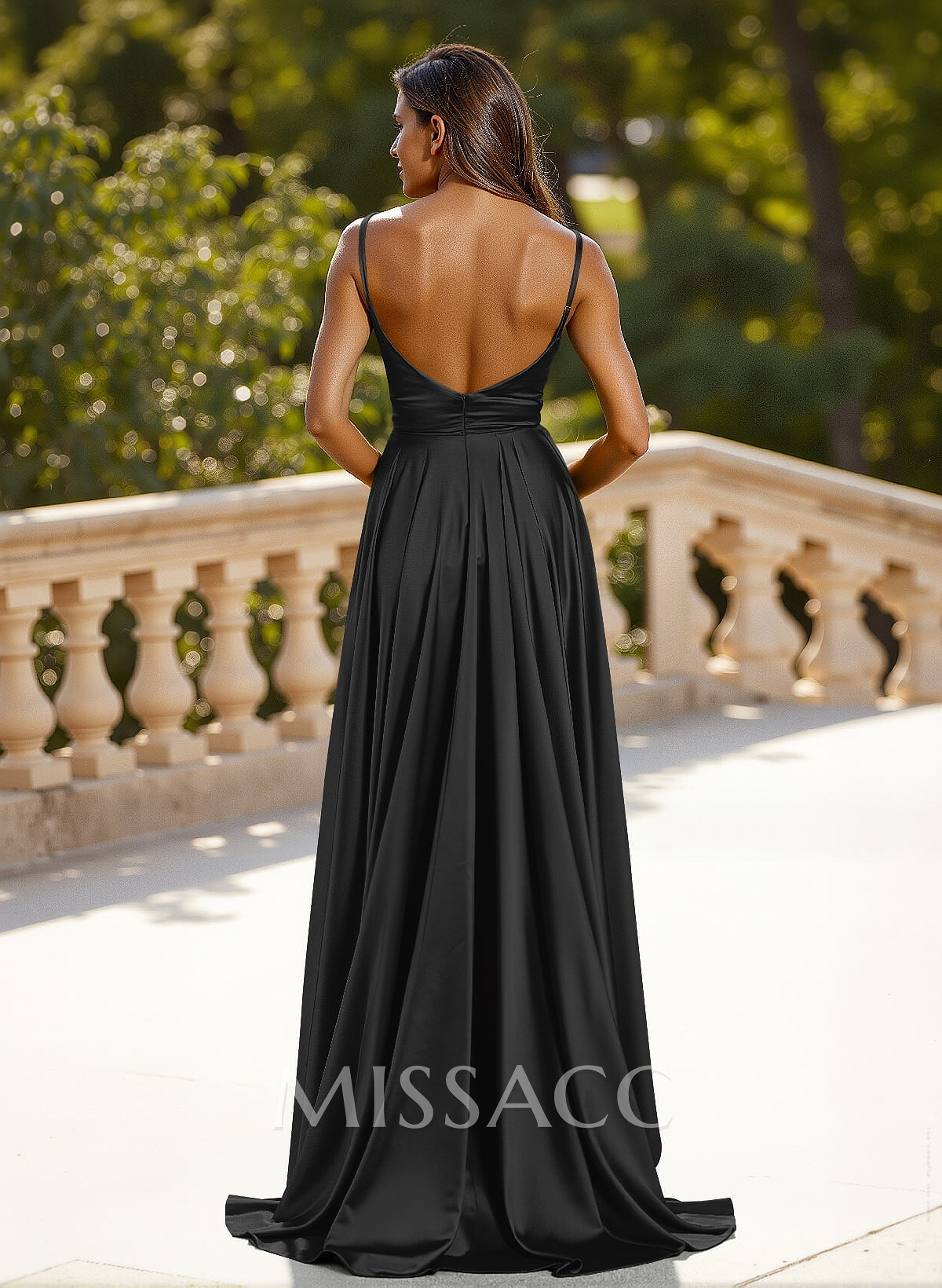 Classic V-Neck Spaghetti Straps High Split A-Line Sweep Train Silk Like Satin Prom Dresses