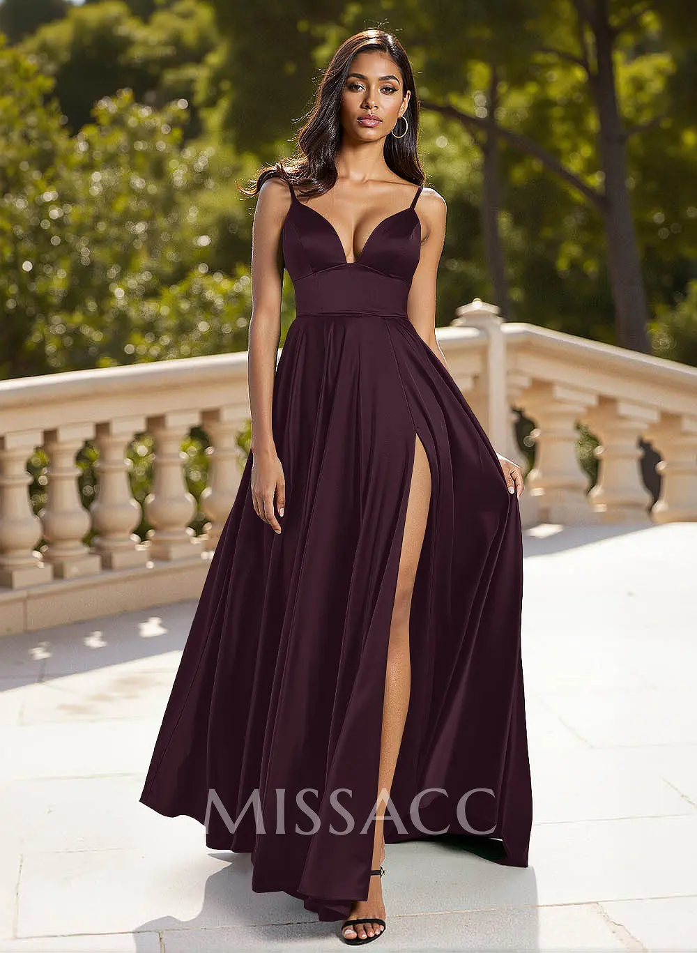 Classic V-Neck Spaghetti Straps High Split A-Line Sweep Train Silk