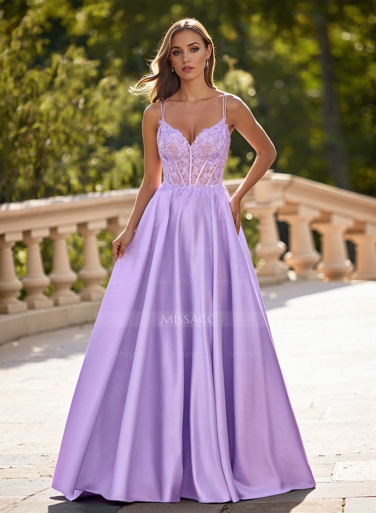 Dreamy V-Neck Lace Illusion Corset A-Line Floor-Length Satin Prom Dresses