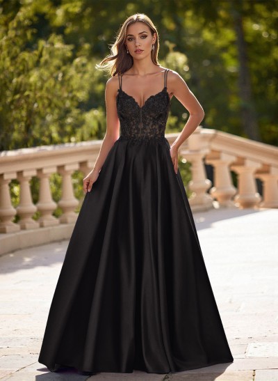 Dreamy V-Neck Lace Illusion Corset A-Line Floor-Length Satin Prom Dresses